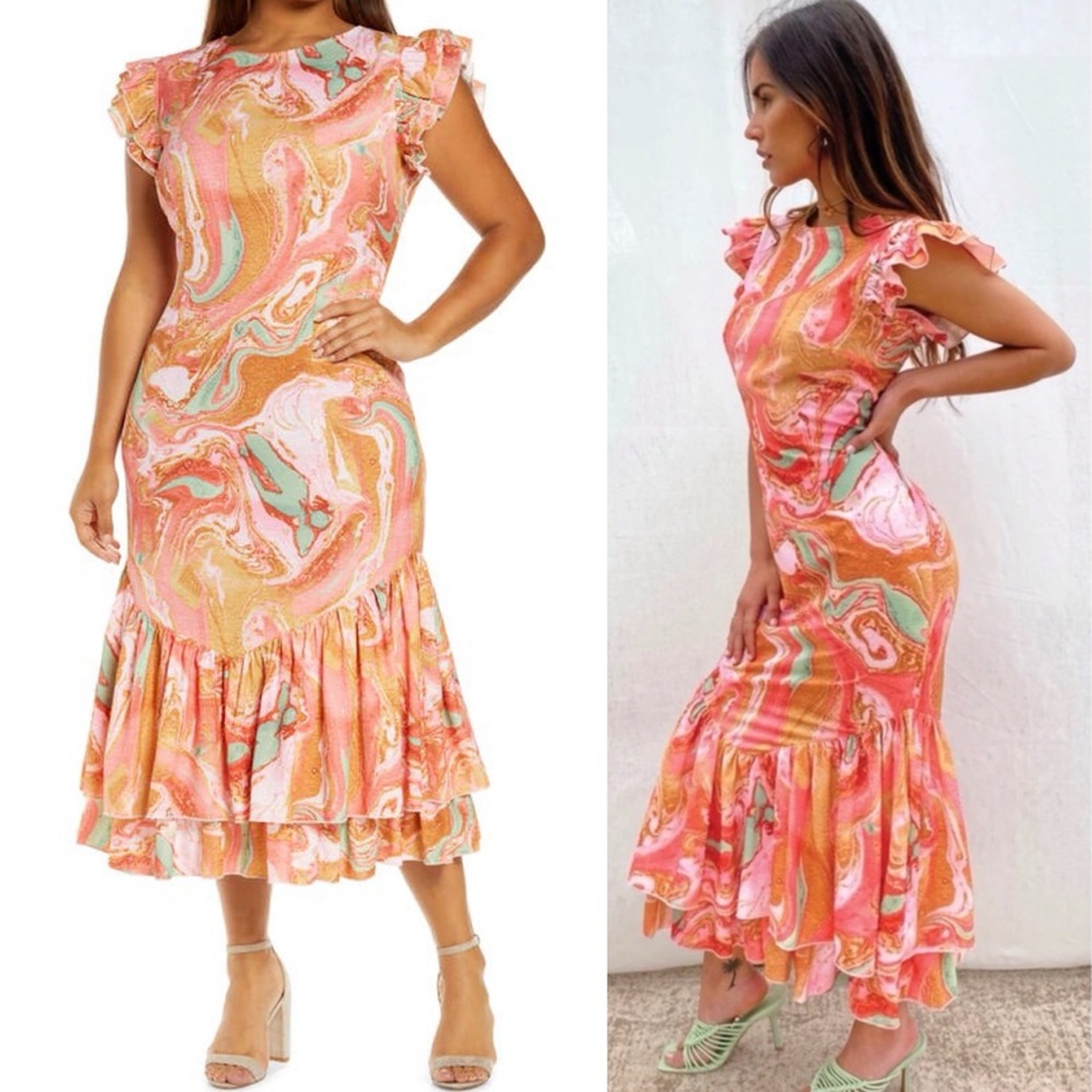 Never Fully Dressed Monique Frida Marble Print Crepe Dress US 14